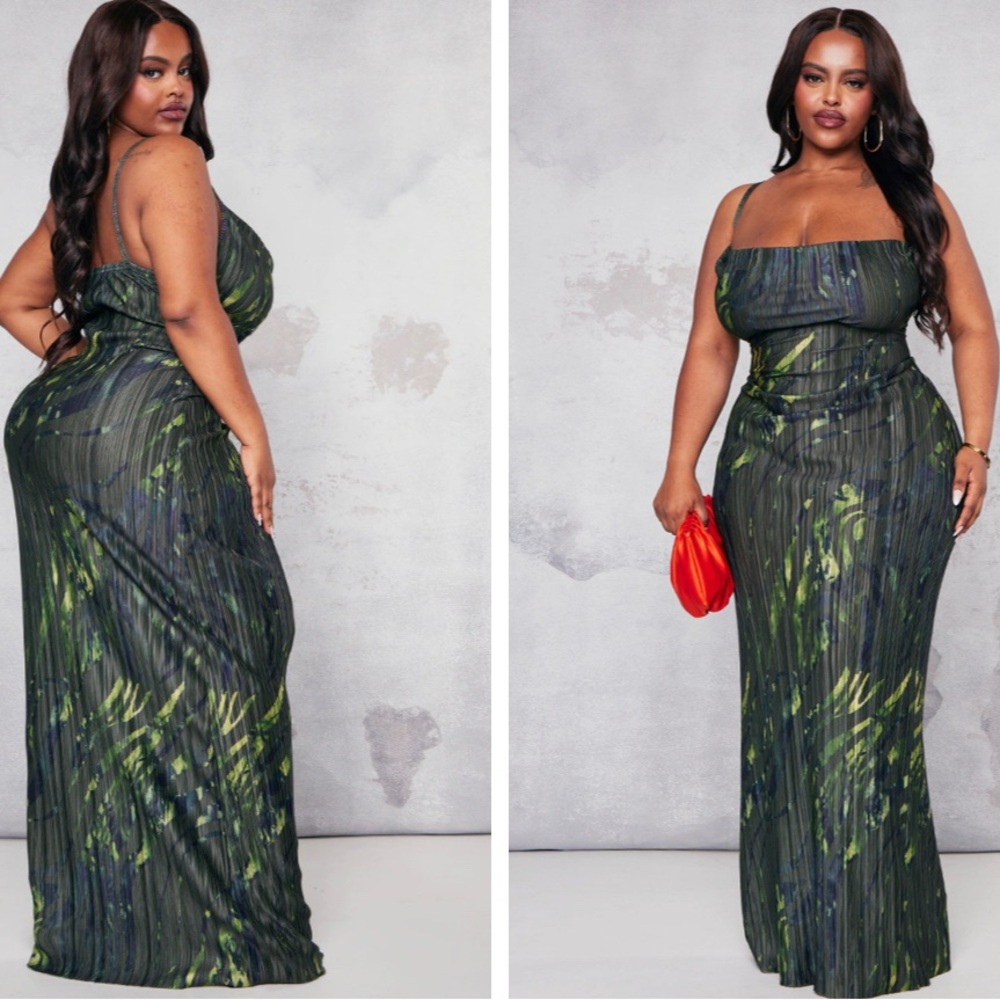 PLUS KHAKI ZEBRA PRINTED PLISSE COWL NECK MAXI DRESS